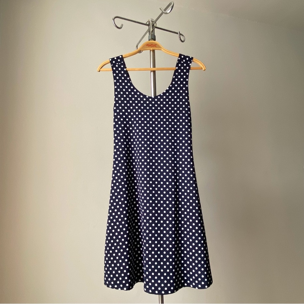 🍂Vintage 90s Navy & White Polka Dot A-Line Dress – Made in Canada, Scoop Neck
